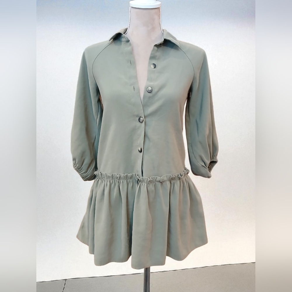Zara Green Tunic Shirt Womans 10 Peplum Ruffle Balloon Sleeves Forest Goblincore